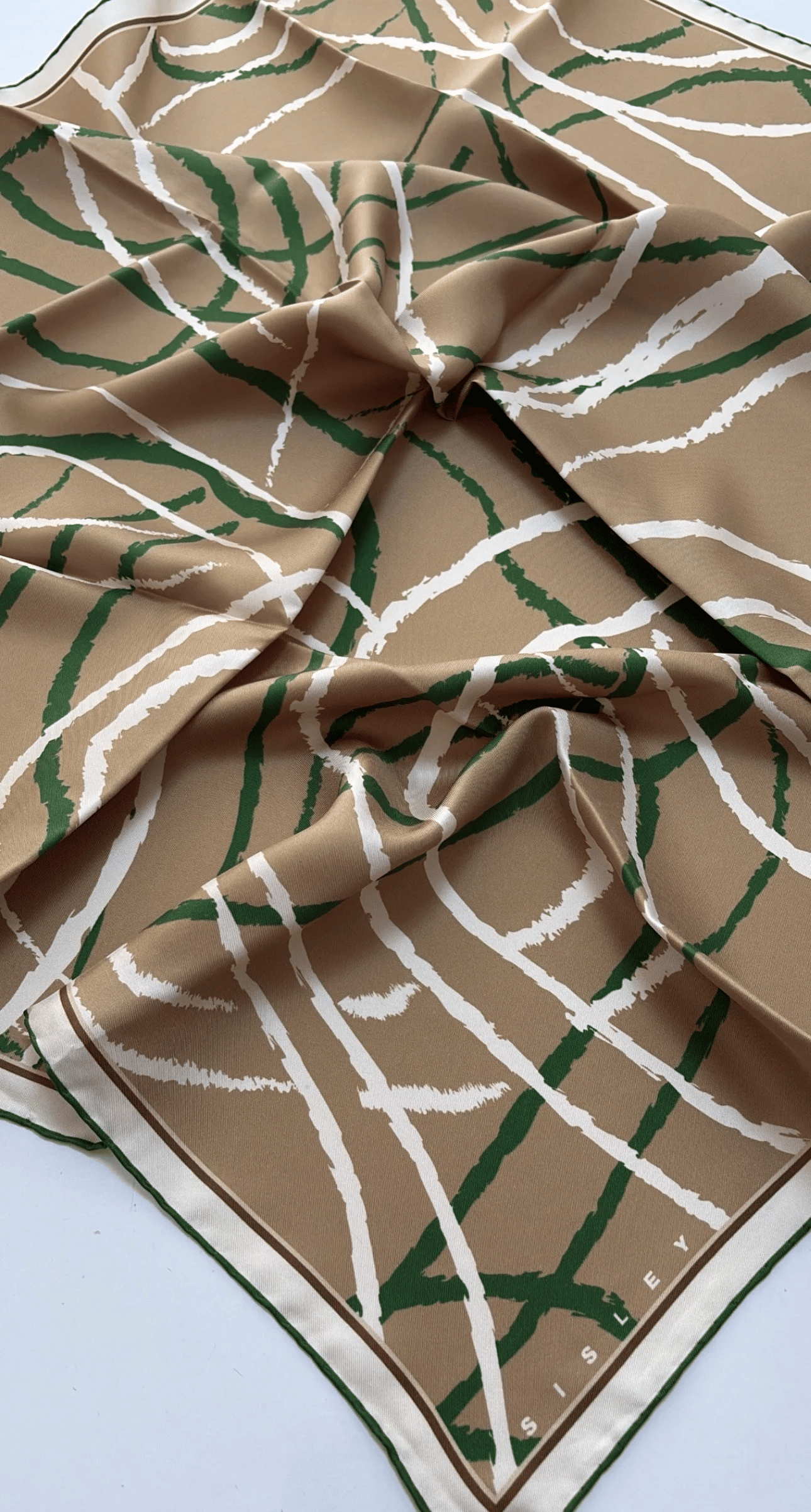 Sisley Twill Saf İpek Eşarp Yeşil Çizgi Desen 2028