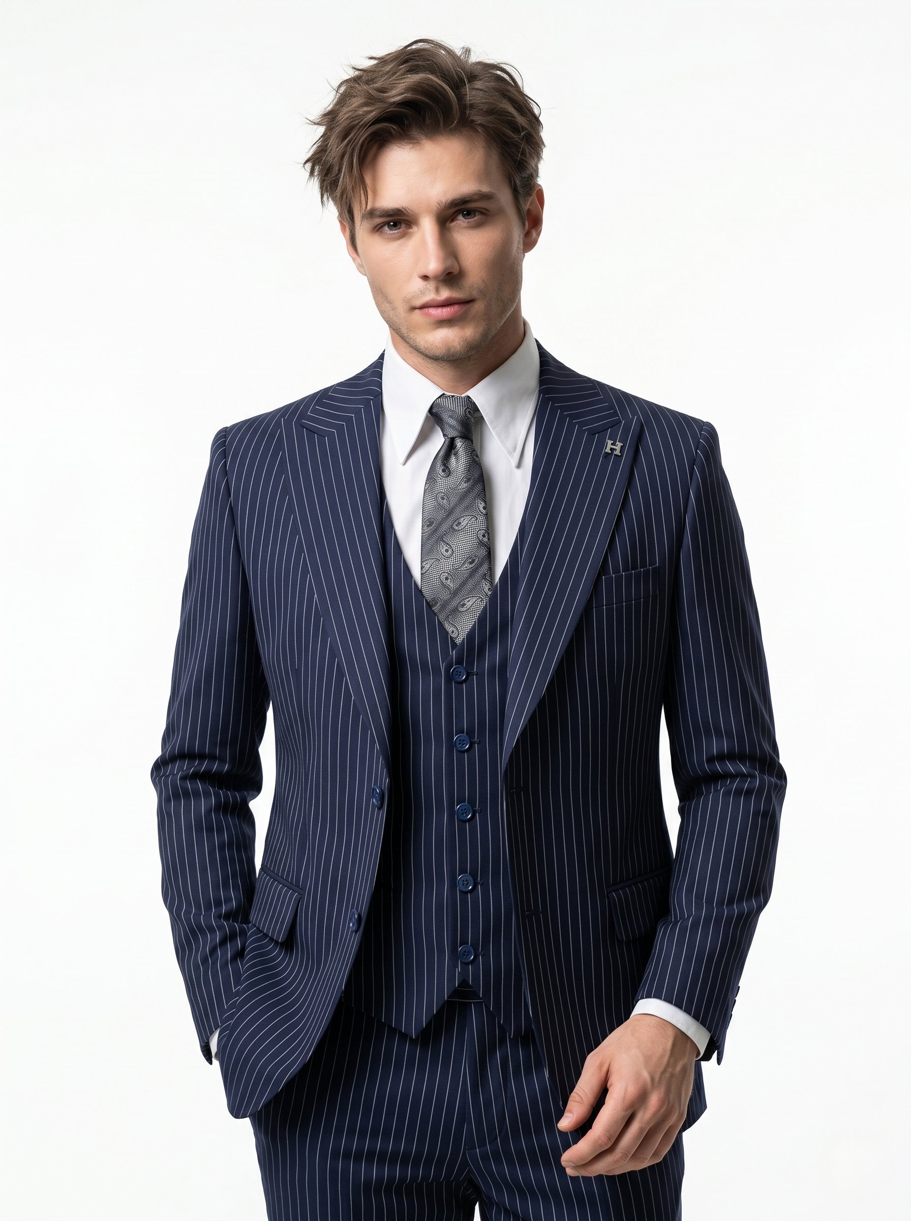Sartorial | Gece Mavisi Çizgili Yelekli Takım Elbise 