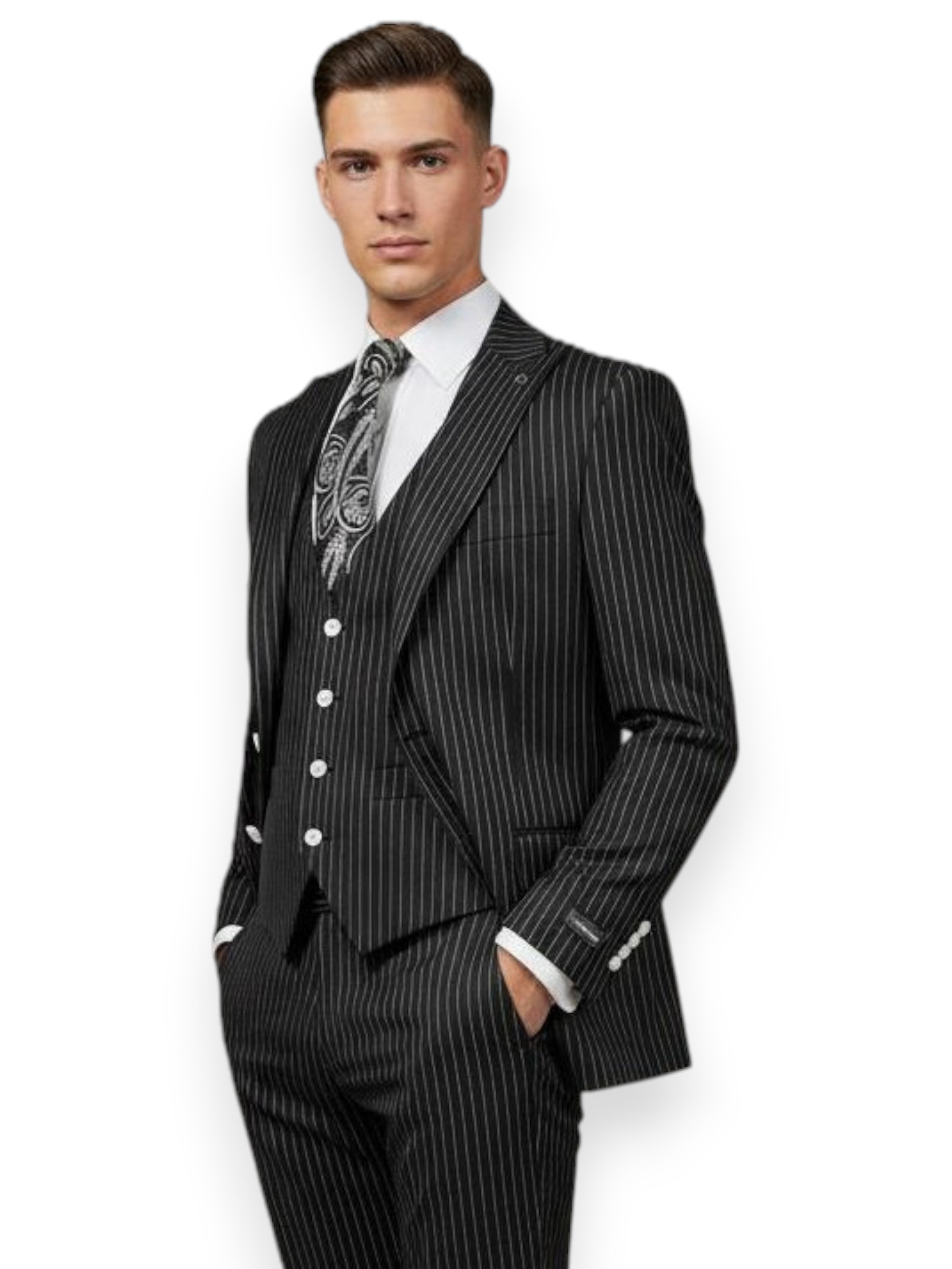Sartorial | Onyx Siyah Çizgili Yelekli Takım Elbise
