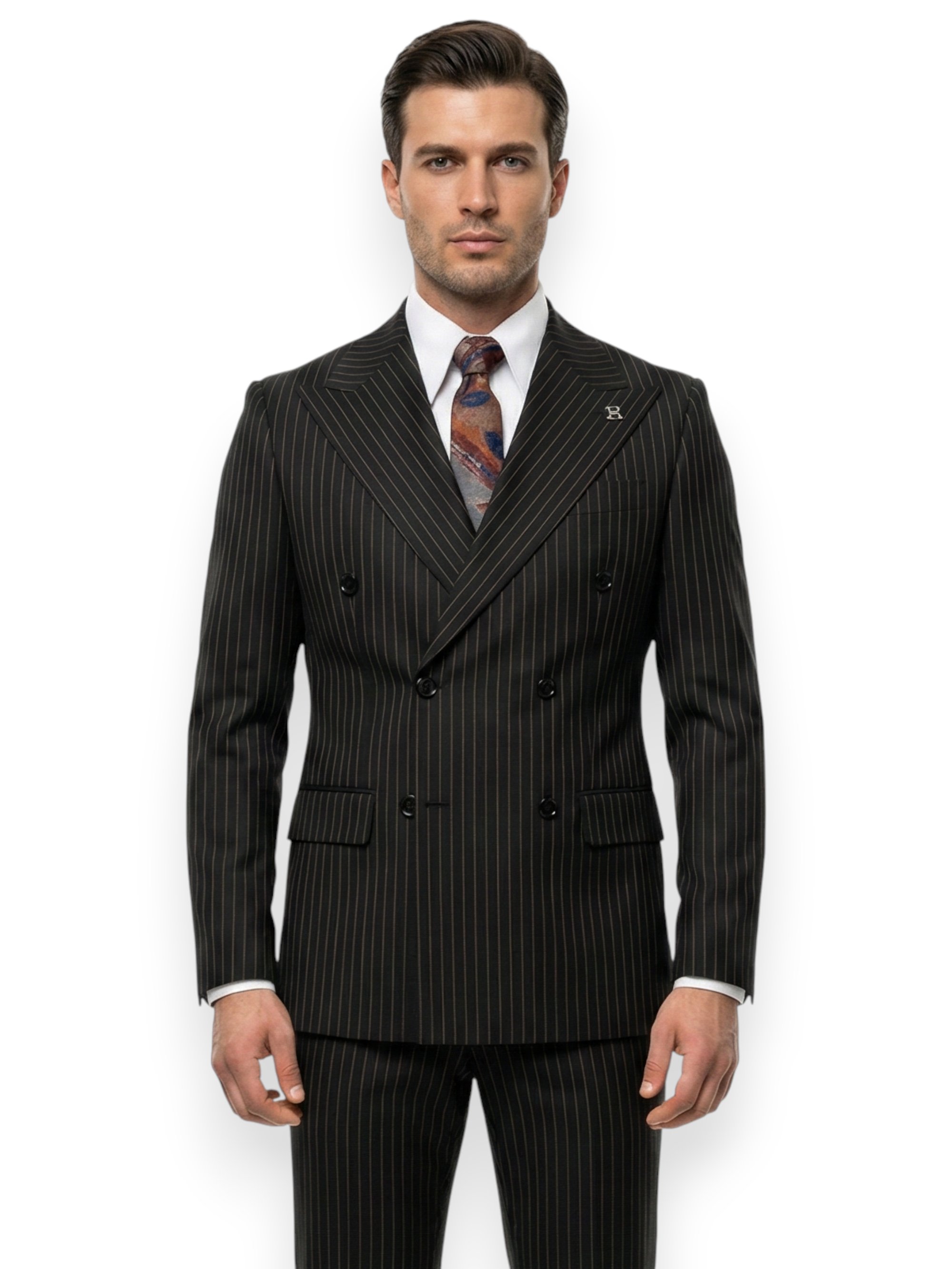 Sartorial | Onyx Siyah Terakota Çizgili Kruvaze Takım Elbise