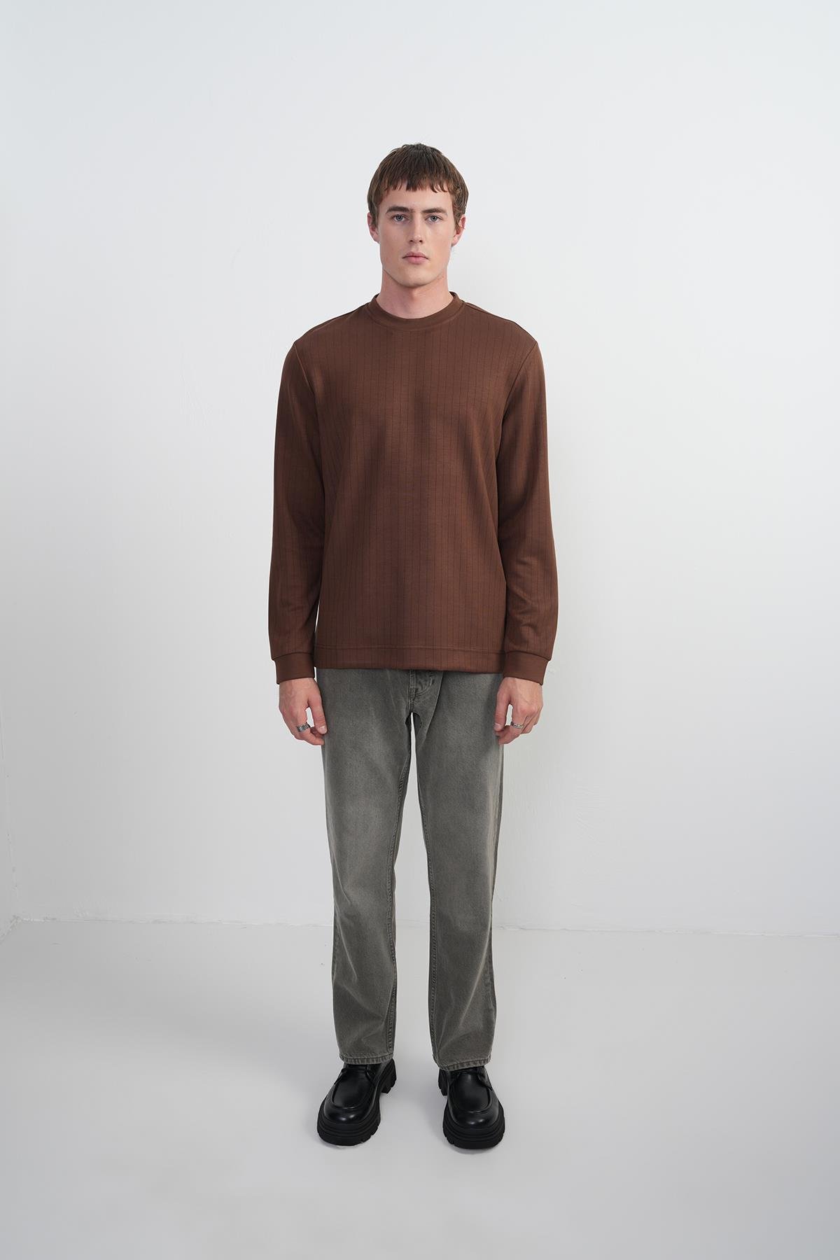 Erkek Bisiklet Yaka Çizgili Kumaş Kahve Sweatshirt