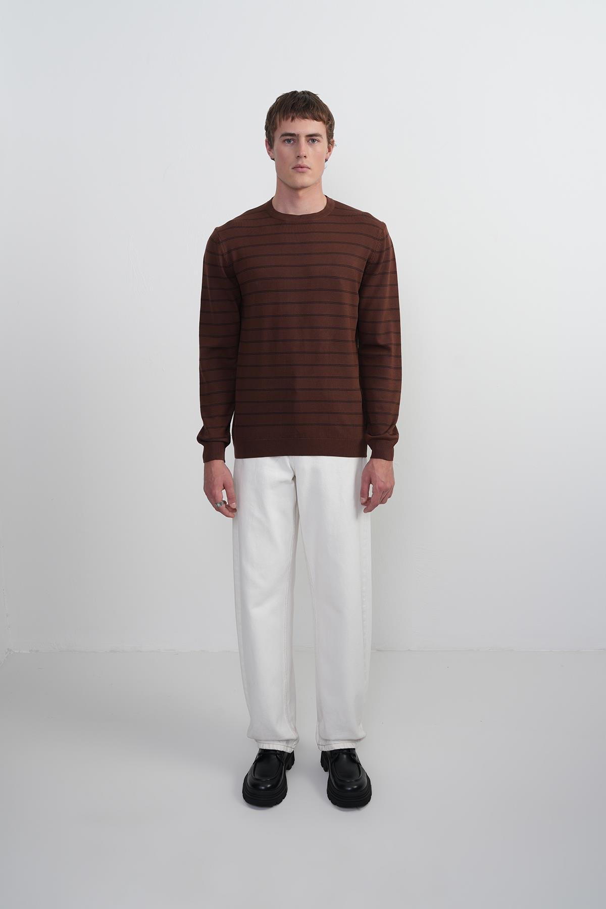 Erkek Çizgili Bisiklet Yaka Salaş Kahve Sweatshirt