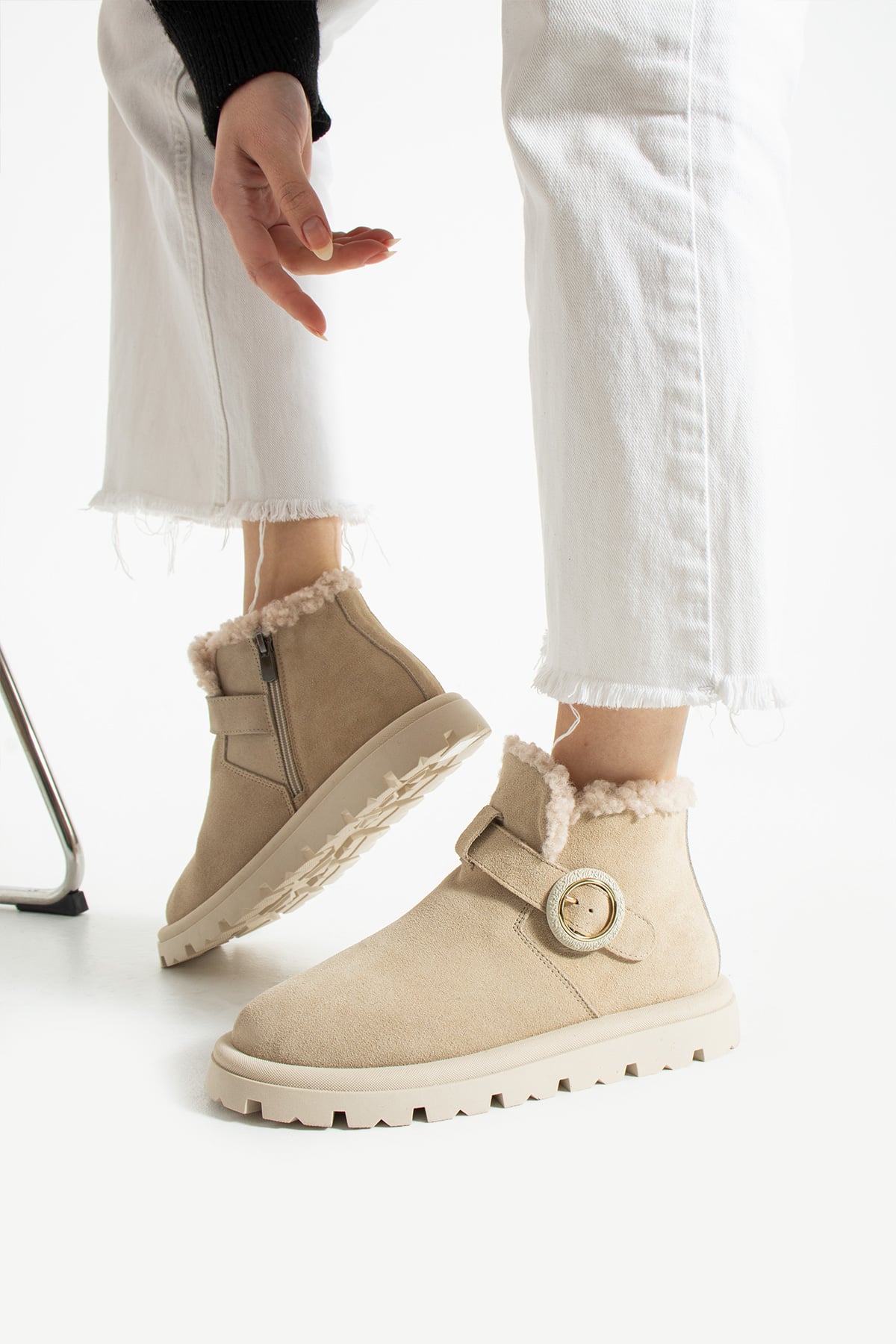 Kadın Bot & Bootie Hakiki Deri Bej Kısa Topuklu Casual/Günlük