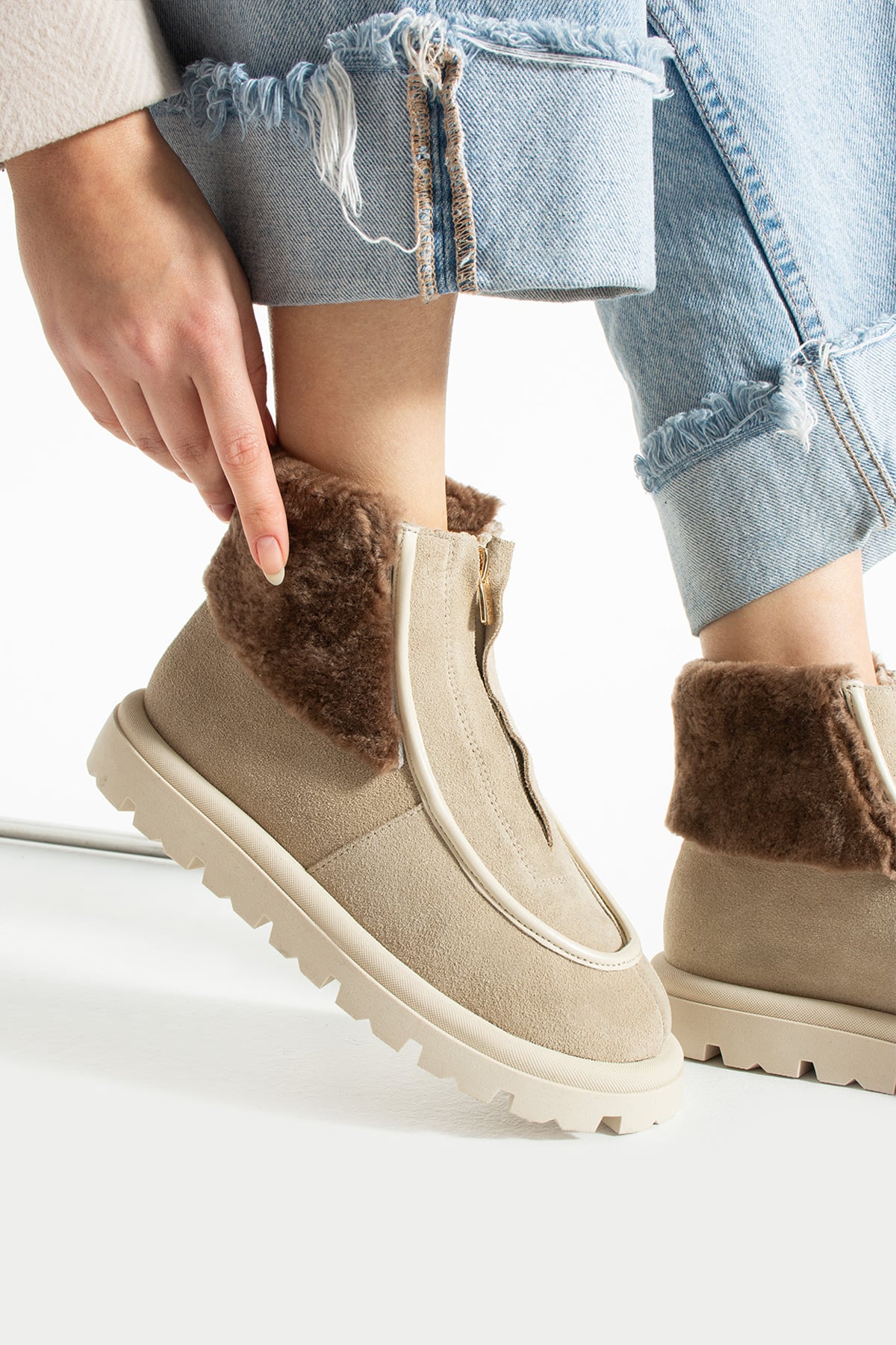 Kadın Bot & Bootie Hakiki Deri Bej Kısa Topuklu Casual/Günlük