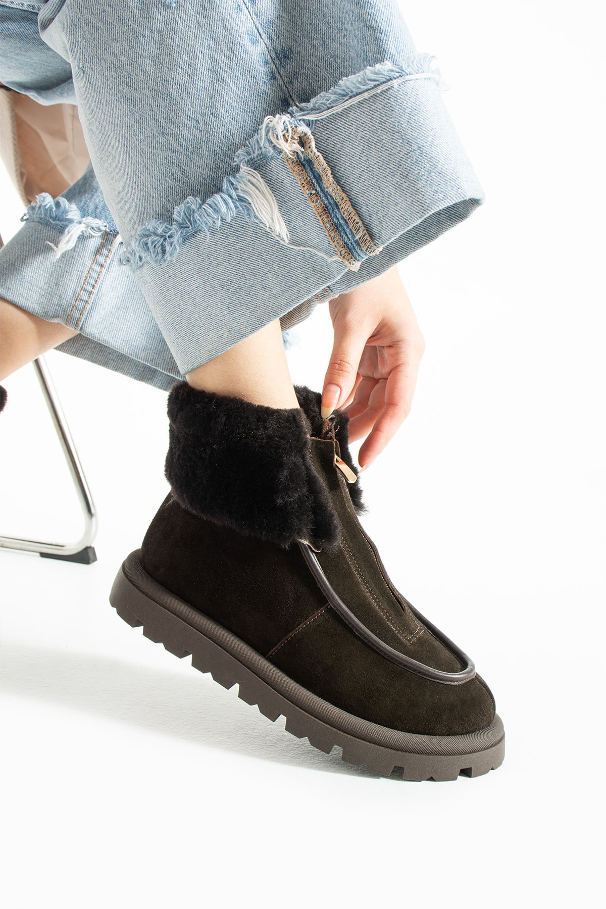 Kadın Bot & Bootie Hakiki Deri Kahverengi Kısa Topuklu Casual/Günlük
