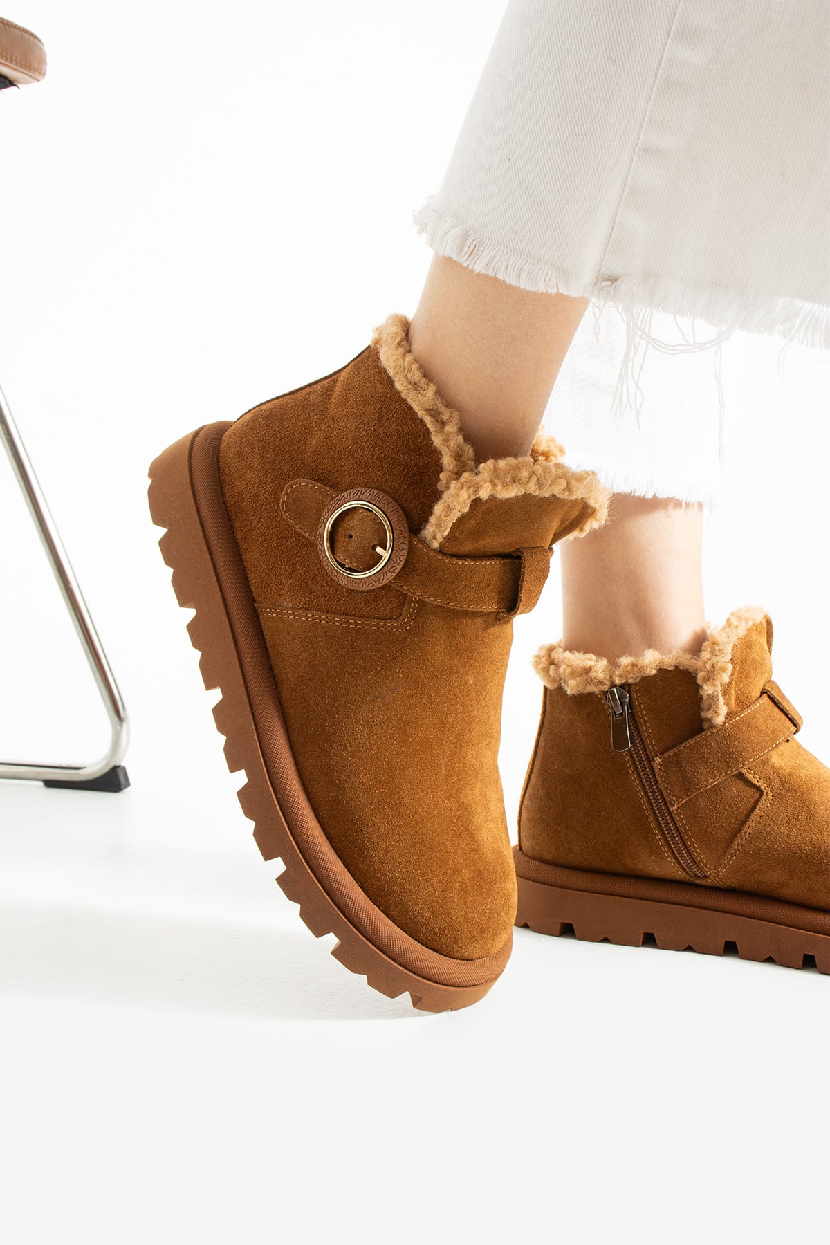 Kadın Bot & Bootie Hakiki Deri Taba Kısa Topuklu Casual/Günlük