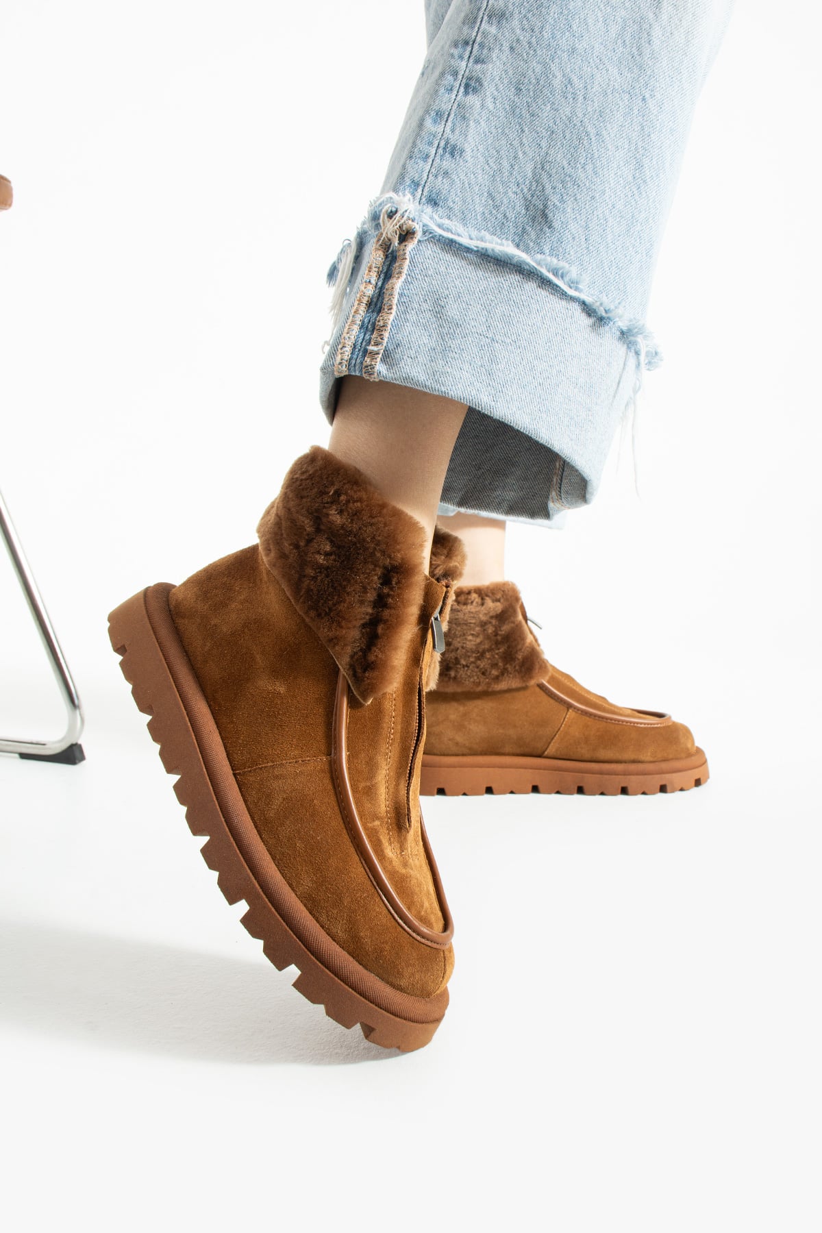 Kadın Bot & Bootie Hakiki Deri Taba Kısa Topuklu Casual/Günlük