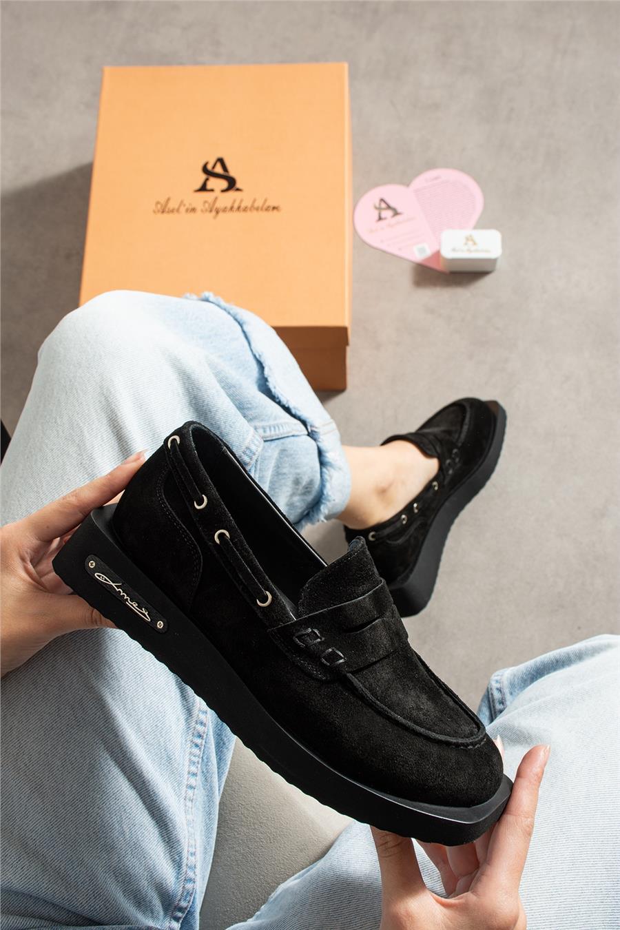 Kadın Loafer Ayakkabı Süet Siyah Kısa Topuklu Casual/Günlük