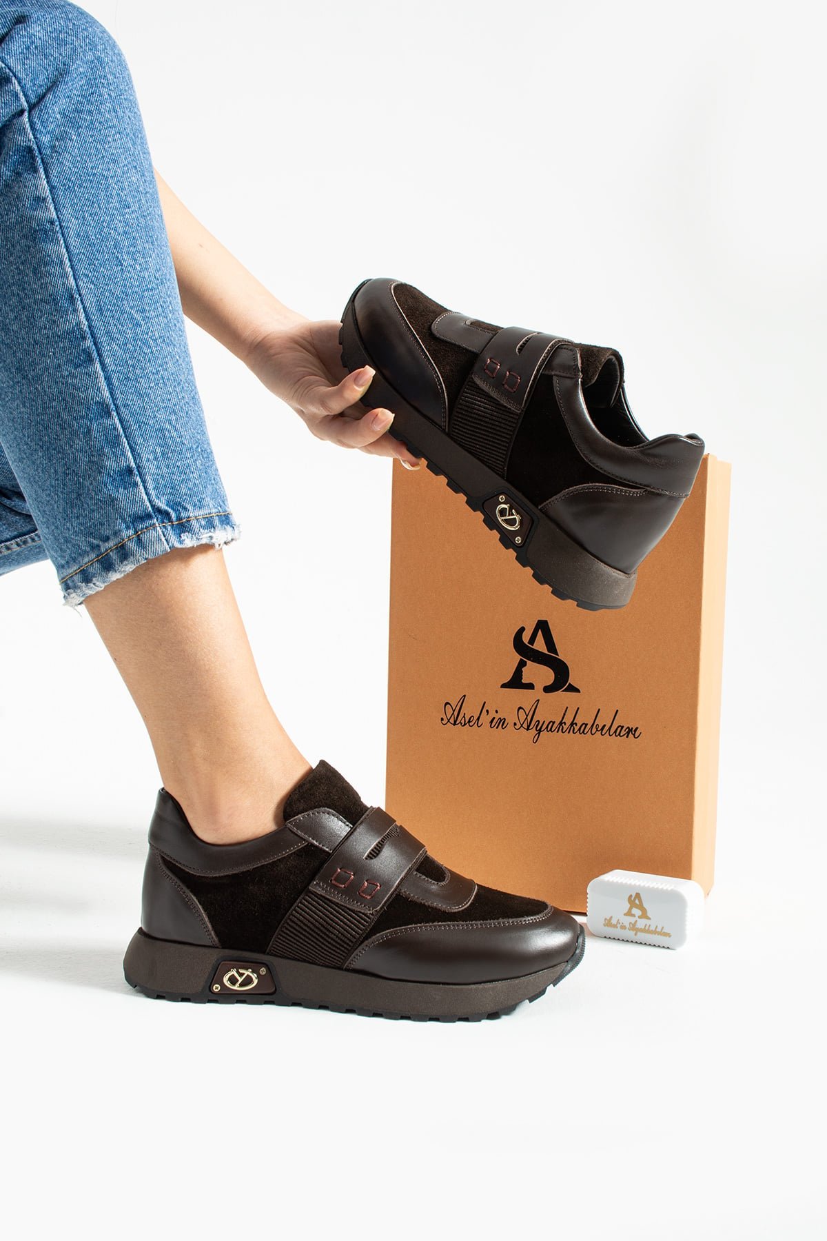 Kadın Sneaker Hakiki Deri Kahverengi Kısa Topuklu Casual/Günlük