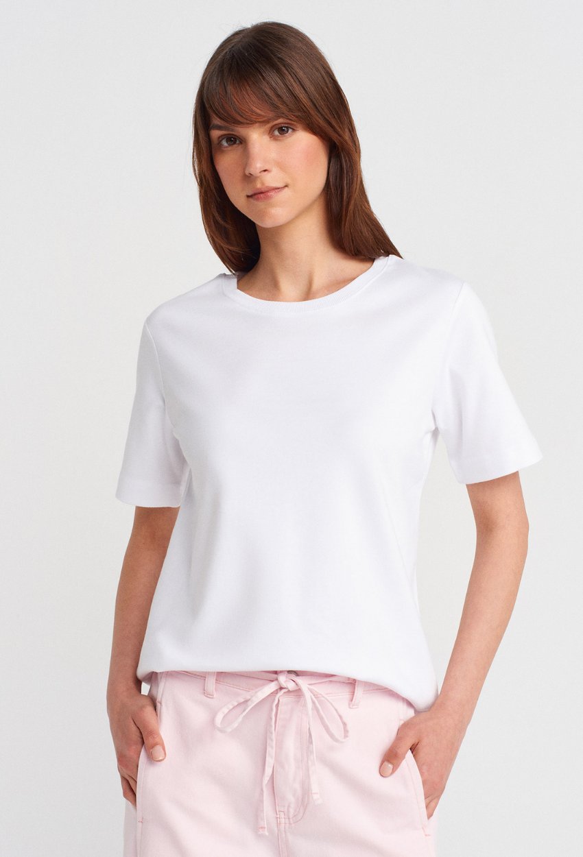 %100 Pamuk Bisiklet Yaka T-shirt-Beyaz