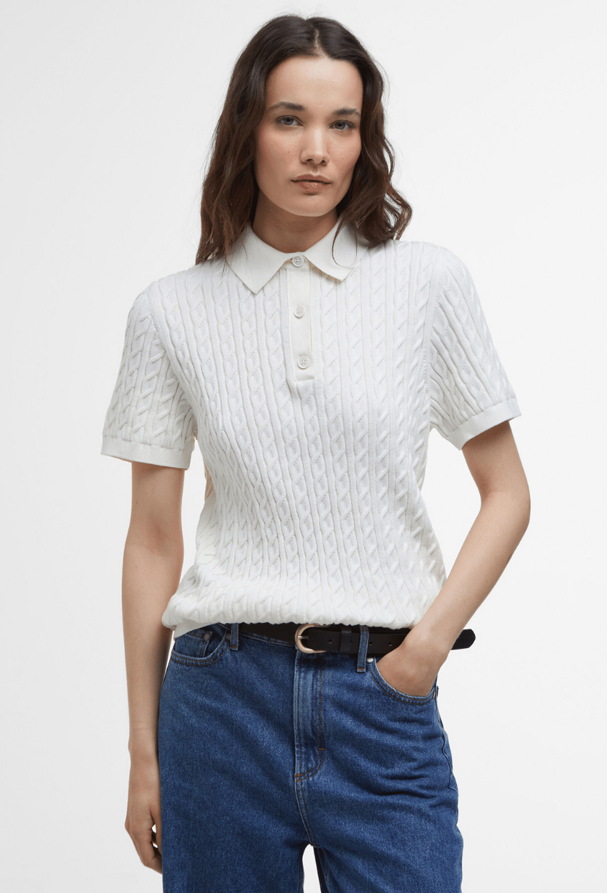 Basic Polo Yaka Örgü Detaylı Kısa Kol Triko Ekru