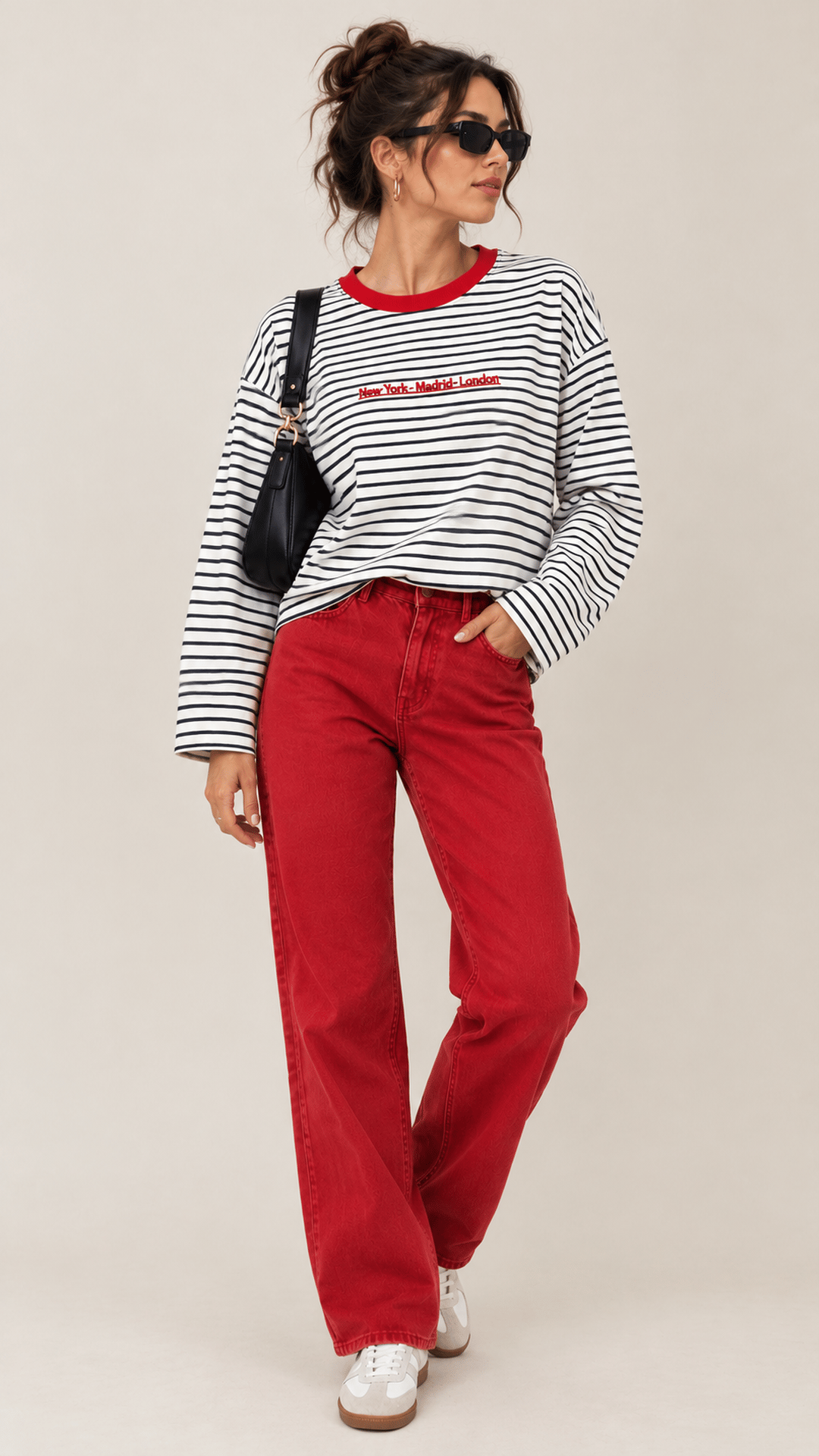 Bisiklet Yaka Siyah Çizgili Sweatshirt 