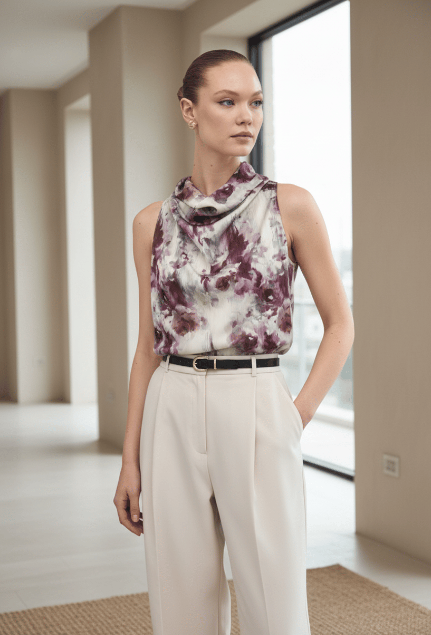 Drapeli Halter Yaka Desenli Bluz - Mürdüm