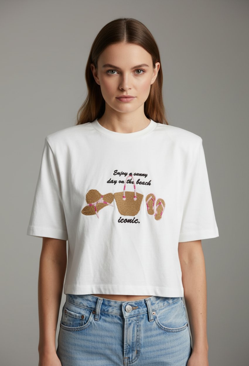 Nakış Detaylı T-shirt Ekru