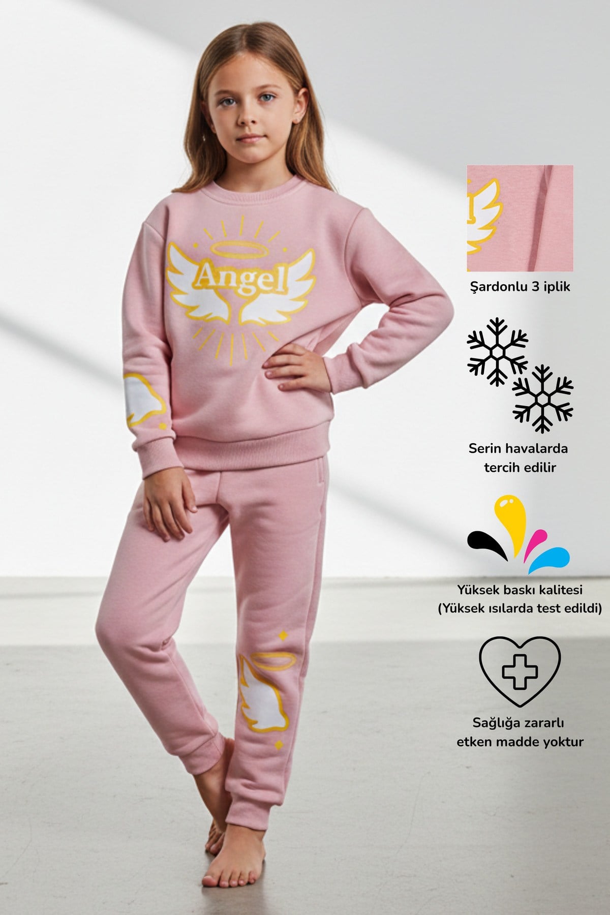 Angel Kanat Baskılı Işık Dolu Kız Çocuk Alt Üst Eşofman Takım | 4-9 Yaş