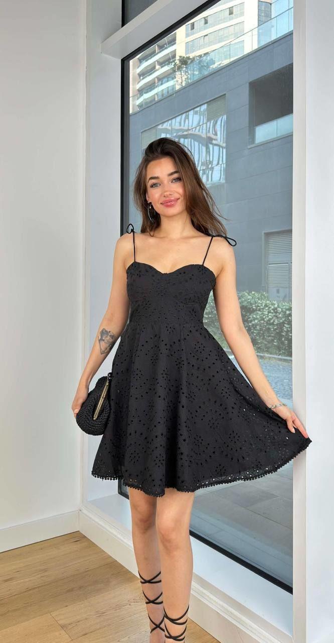 Bağlamalı İnce Askılı Sırtı Lastikli Güpürlü Fisto Mini Elbise