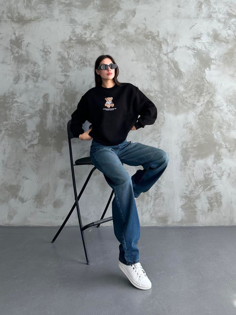 Bisiklet Yaka Ayıcık Nakışlı Oversize Pamuklu Sweatshırt
