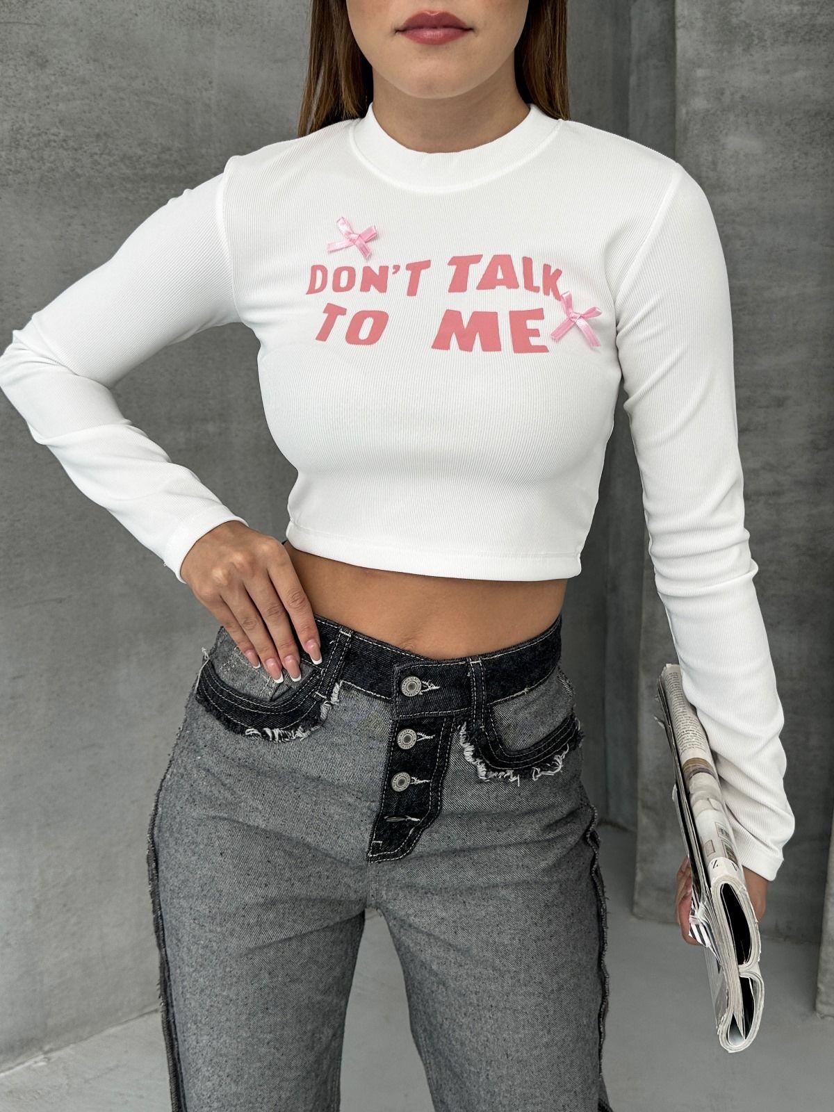 Bisiklet Yaka Yazılı Baskılı Fiyonklu Crop Bluz