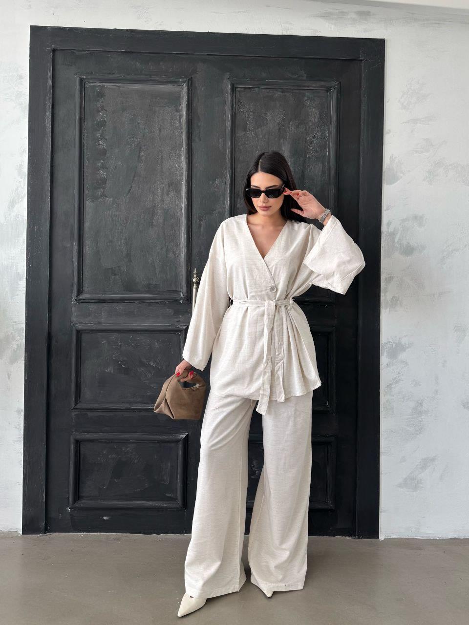 Düğmeli Kimono Geniş Paça Pantolon Salaş İkili Keten Takım