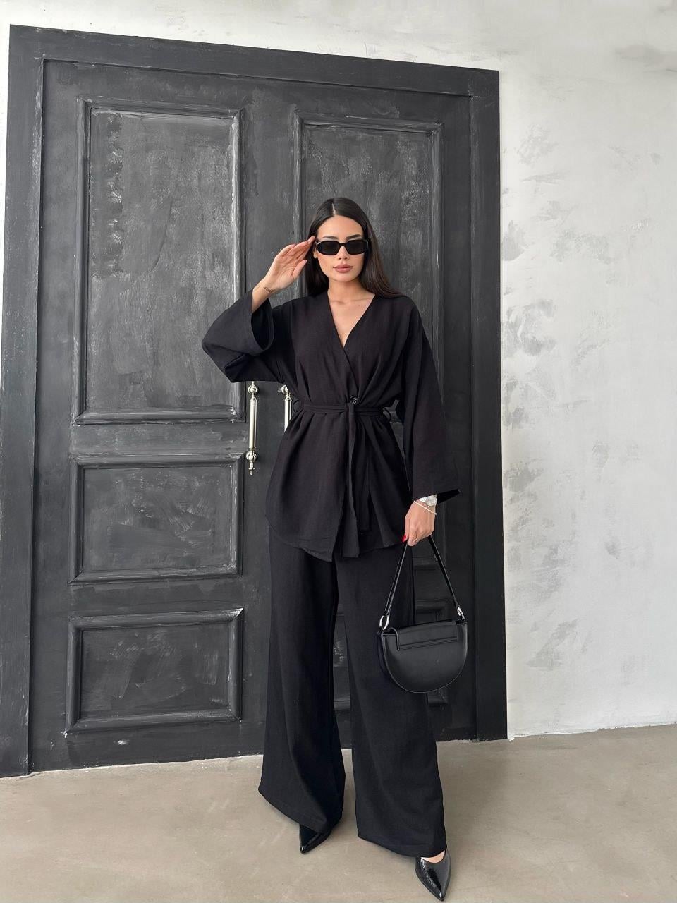 Düğmeli Kimono Geniş Paça Pantolon Salaş İkili Keten Takım