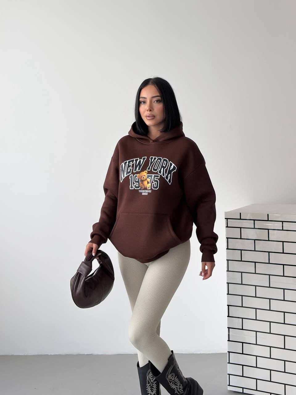 Kapüşonlu Oversize Ayıcık Baskılı Sweatshirt