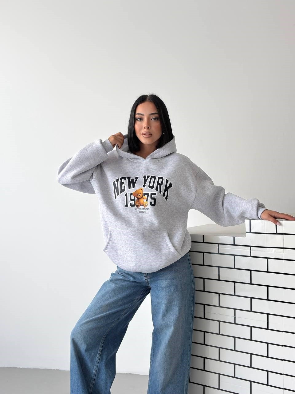 Kapüşonlu Oversize Ayıcık Baskılı Sweatshirt
