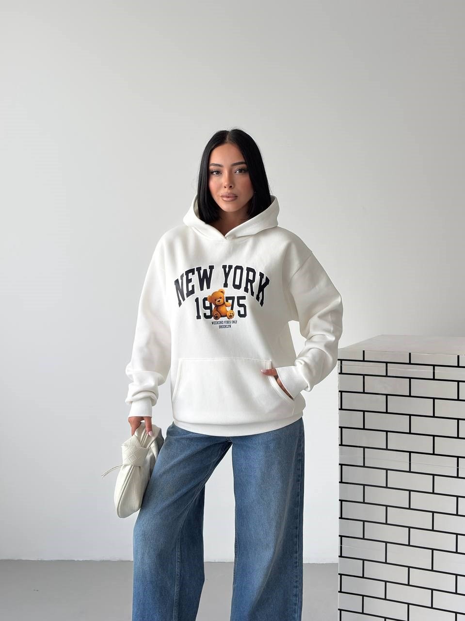 Kapüşonlu Oversize Ayıcık Baskılı Sweatshirt
