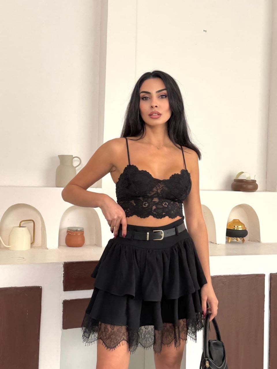 Kat Kat Kemerli Dantelli Mini Kloş Etek