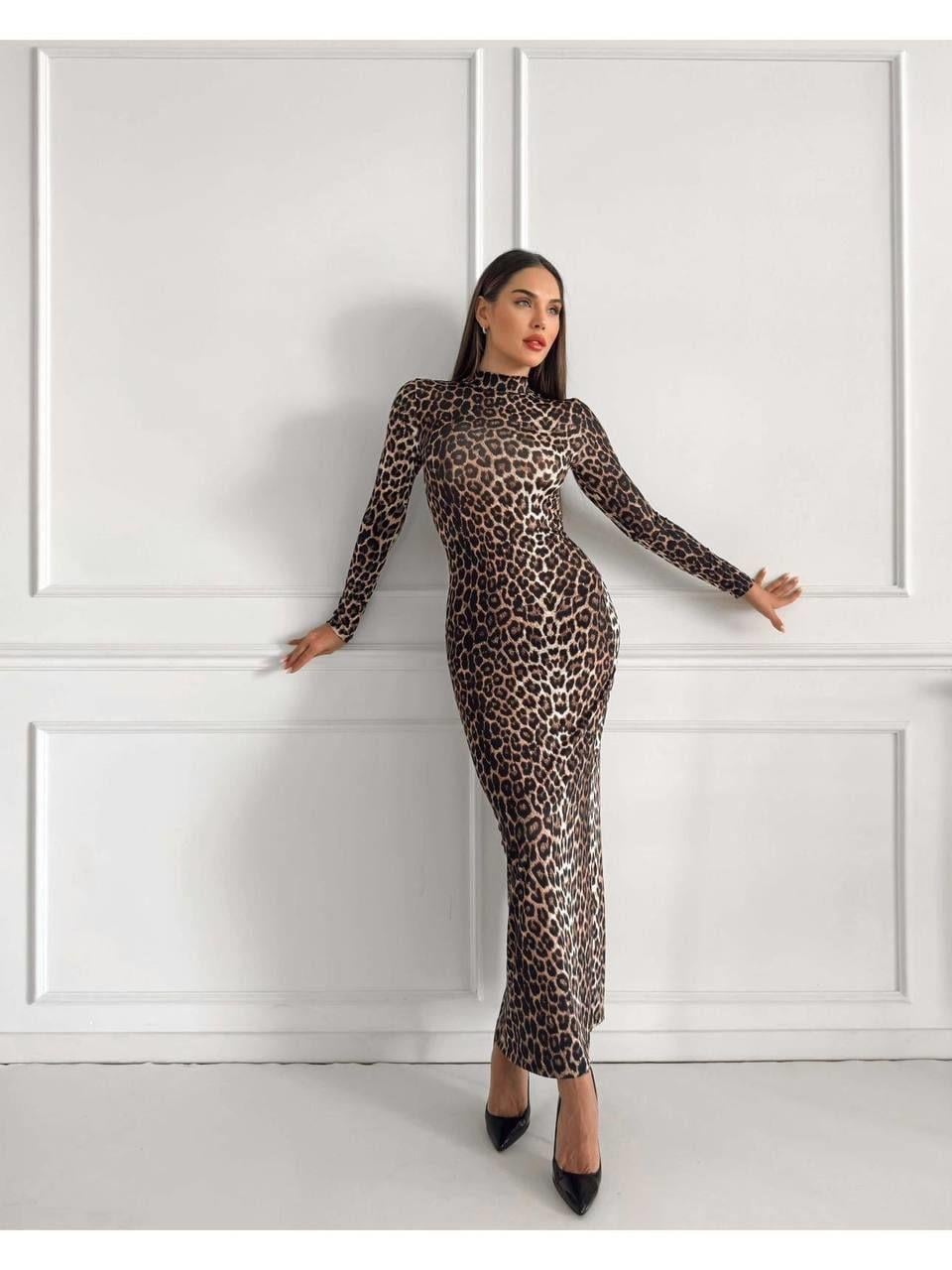 Leopar Dik Yaka Uzun Kol Maxi Boy Elbise