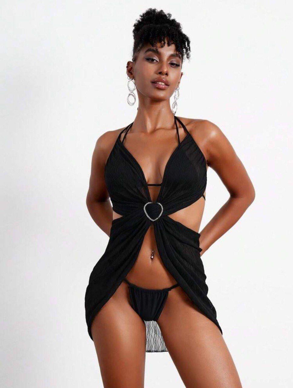 Tokalı Taşlı Pareo Bikini 3 lü Takım