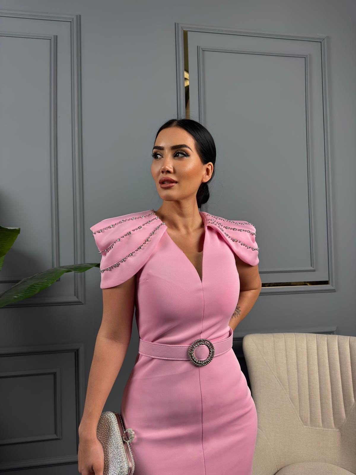Gliter Taş Detaylı Tasarım Elbise Pembe · 3