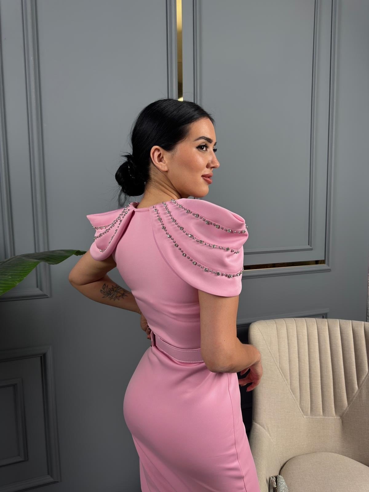Gliter Taş Detaylı Tasarım Elbise Pembe · 4