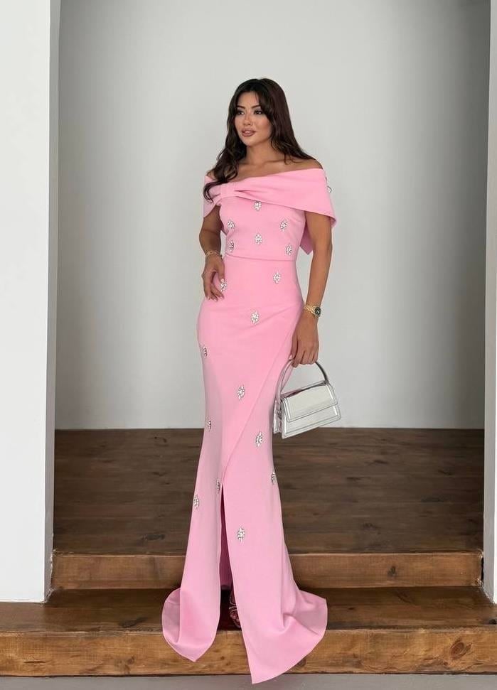 Nepali Taş Detaylı Abiye Elbise Pembe · 5
