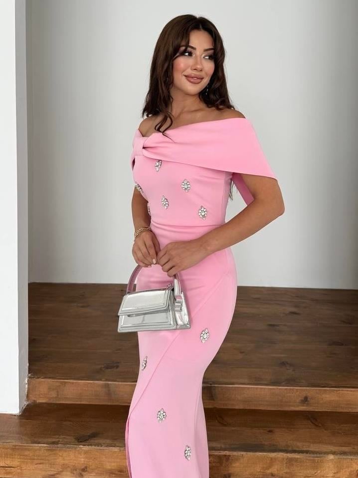Nepali Taş Detaylı Abiye Elbise Pembe · 2