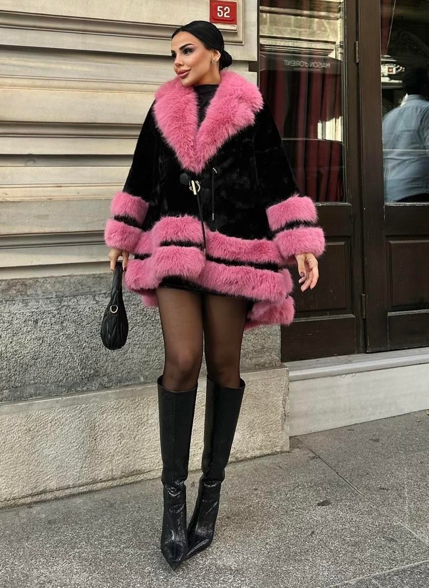 Pury İthal Kürk Siyah-Pembe