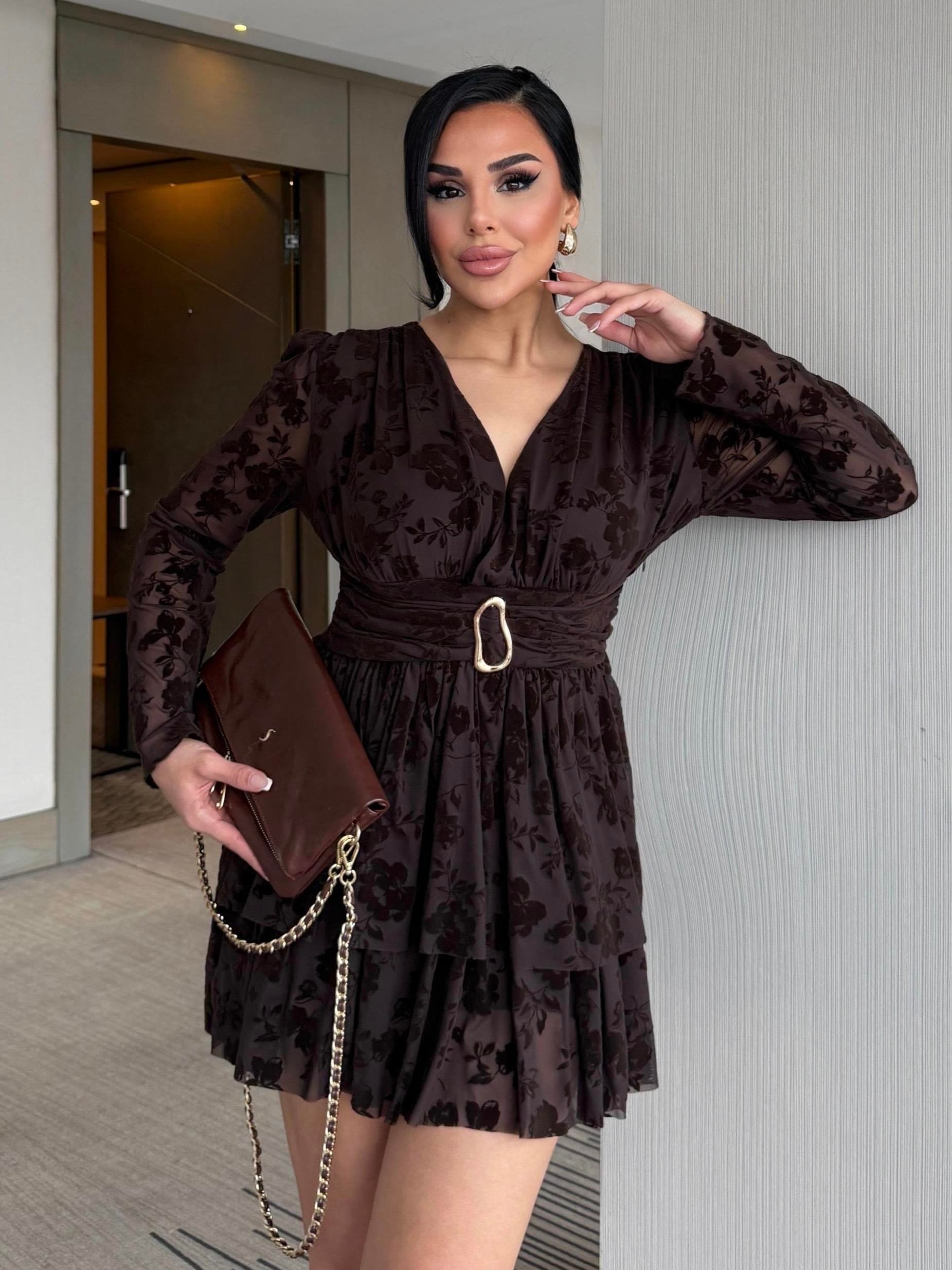 Rovina Gold Toka Detaylı Elbise Kahve · 4