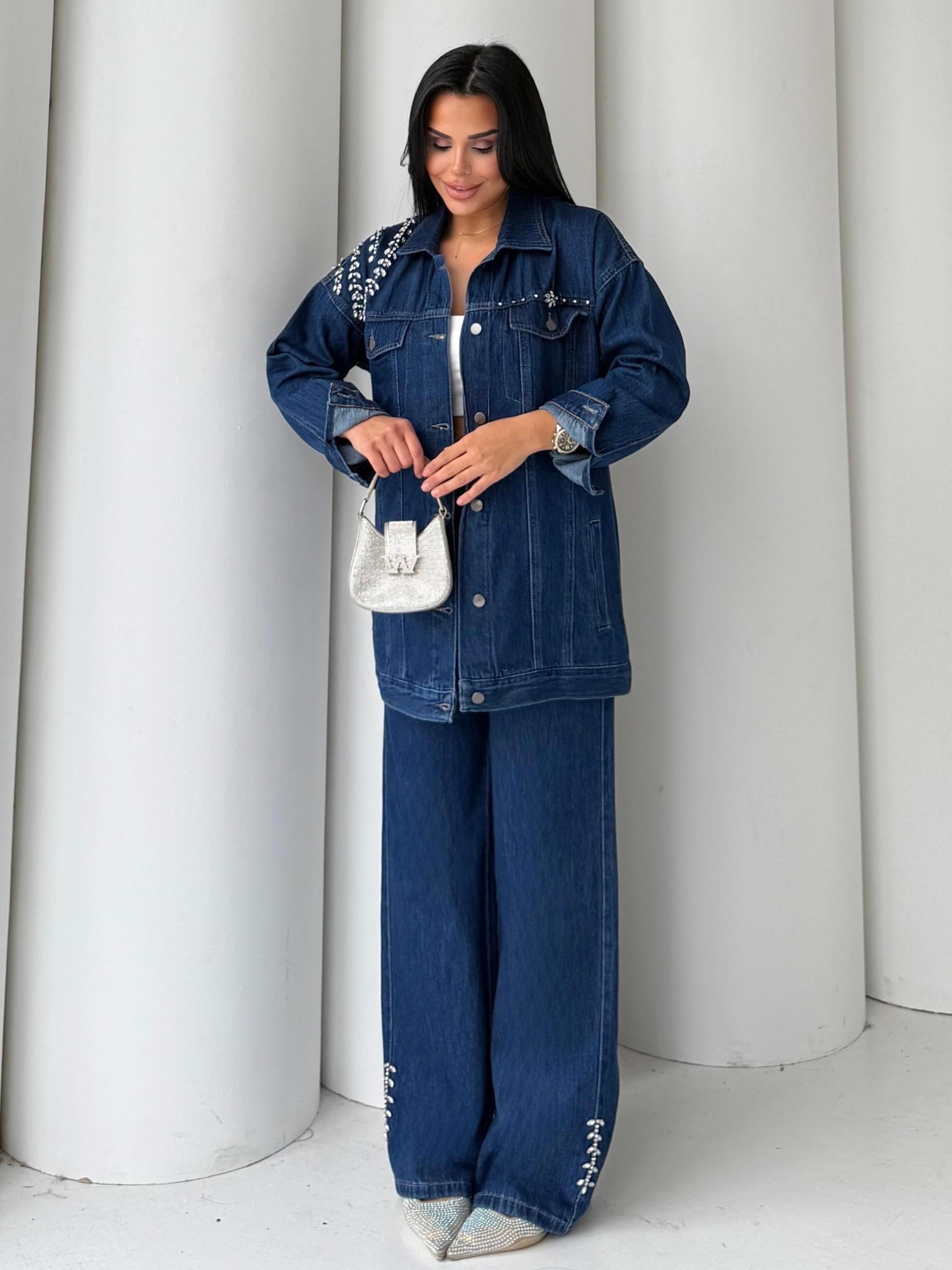 Zois Taş Detaylı Denim Takım Lacivert