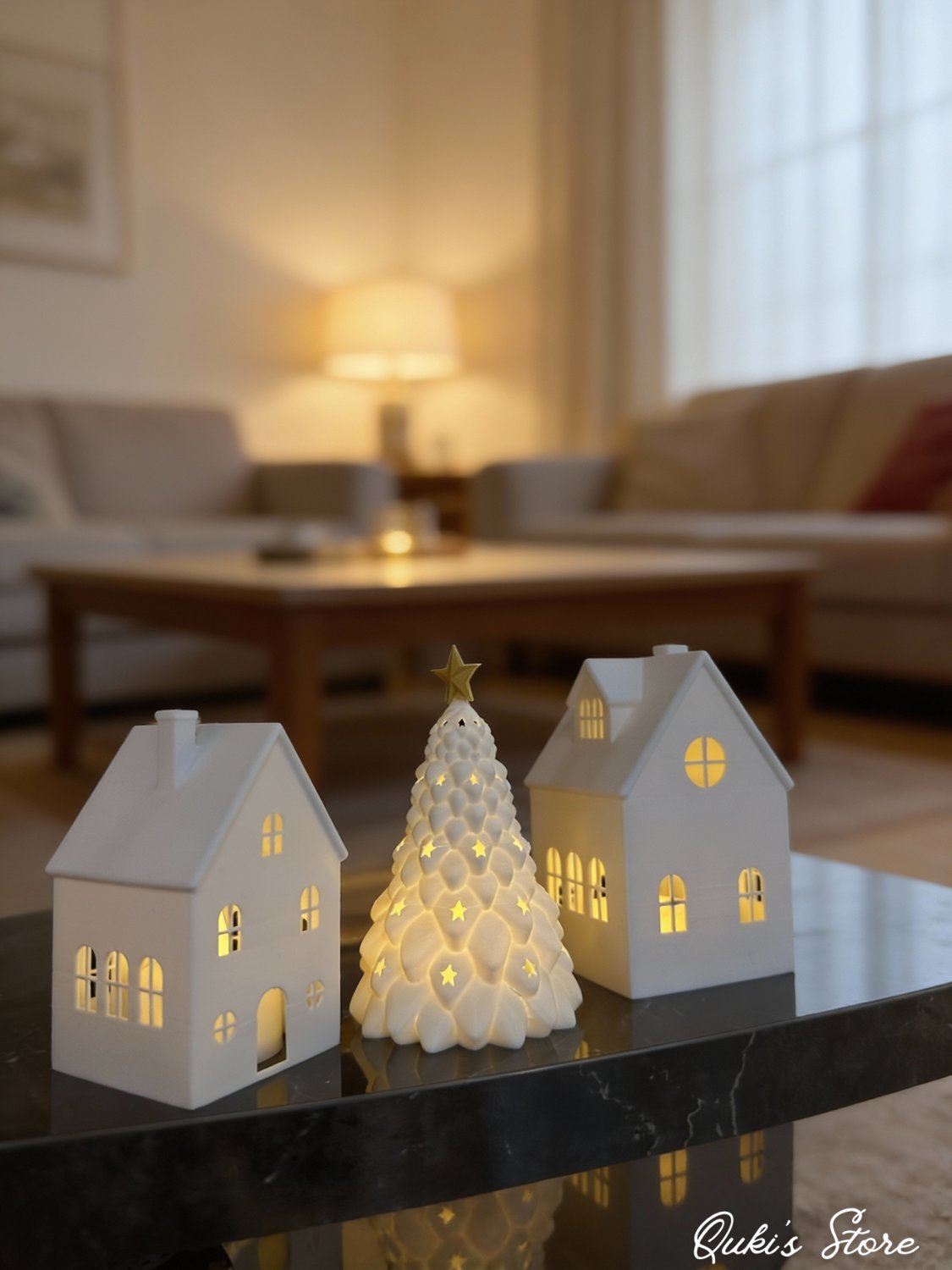 3'lü, Işıklı Noel Evi, Kış Masalı, Tealight - Led Mumlar Dahildir, 10 Cm, 9 cm, 8 cm