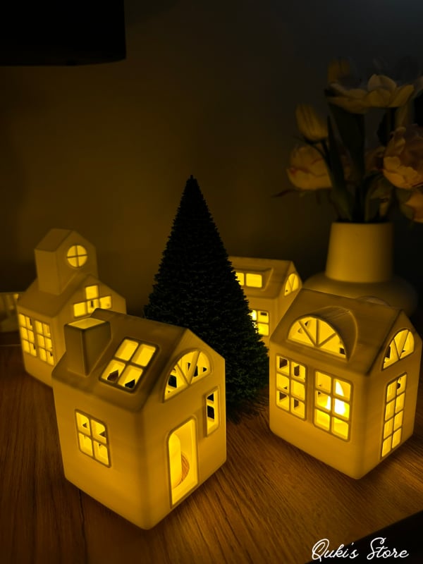 4'lü Kış Evi Seti 3 Adet 10 cm, 1 Adet 13 cm, Beyaz, Tealight Mumlar Dahil