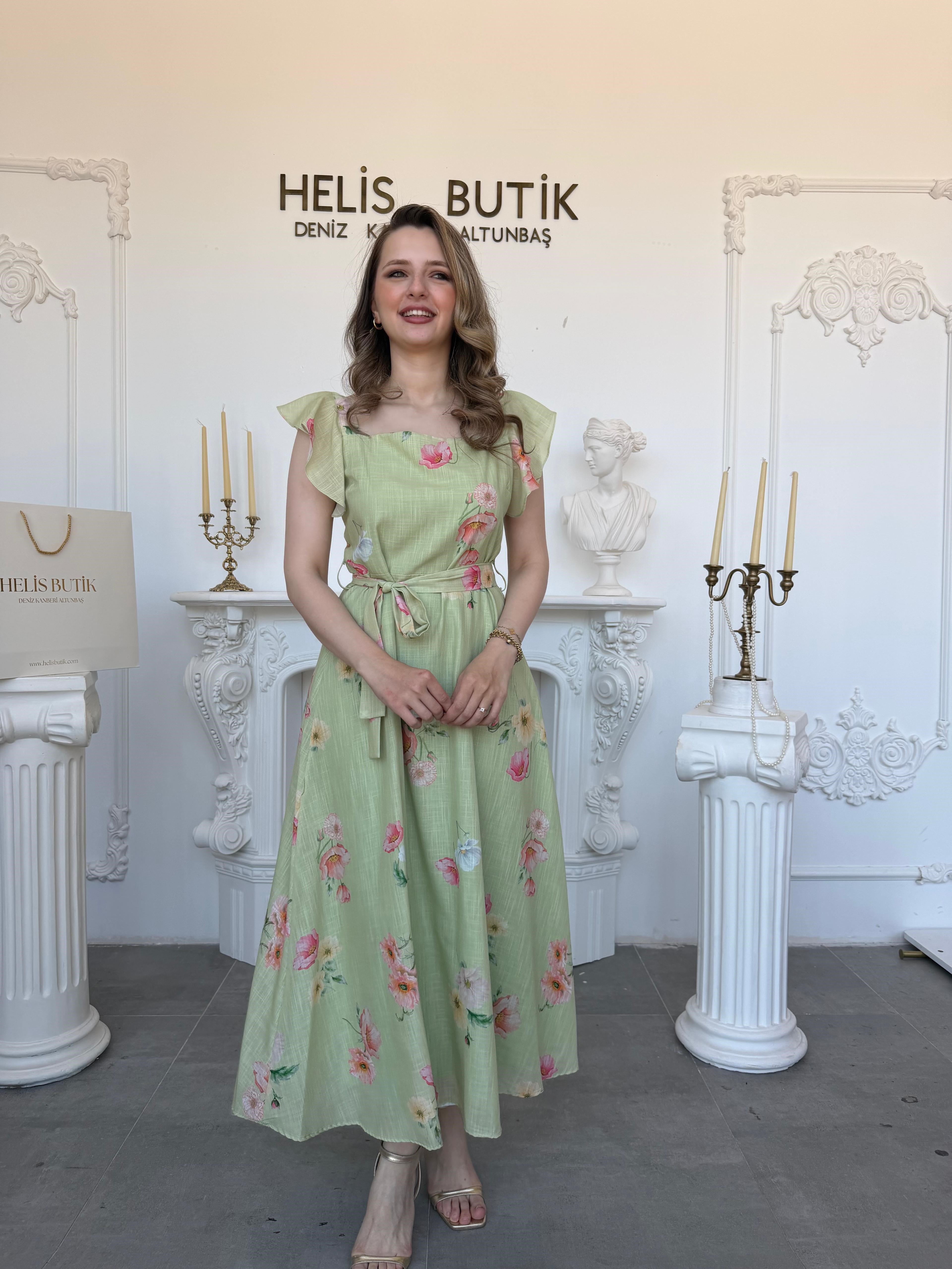 Baskılı Pamuk Keten Kare Yaka Fırfırlı Midi Elbise - Yeşil