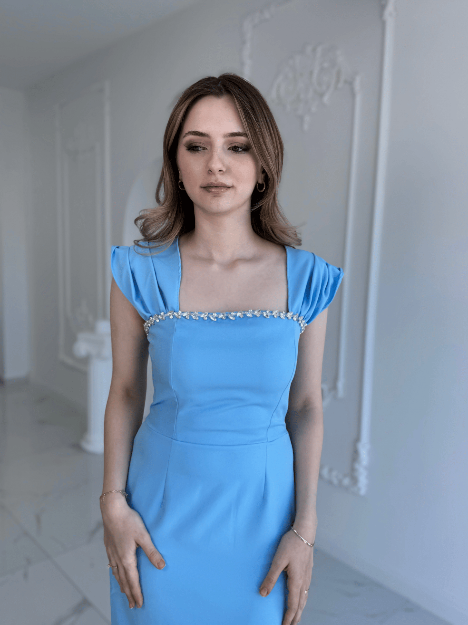Bebe Mavi Maxi boy yaka taş detaylı uzun elbise