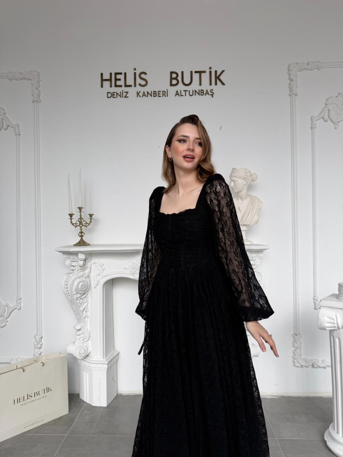 Belden Bağlamalı Kare Yaka Korse Detaylı Dantel Abiye Elbise - Siyah · 3