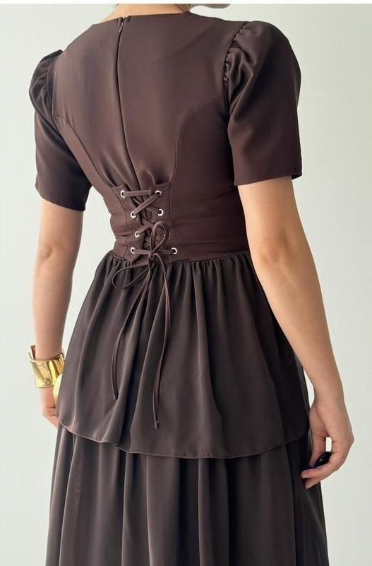 Beli Bağlamalı Korse Detaylı Katlı Tül Elbise - Kahve · 5