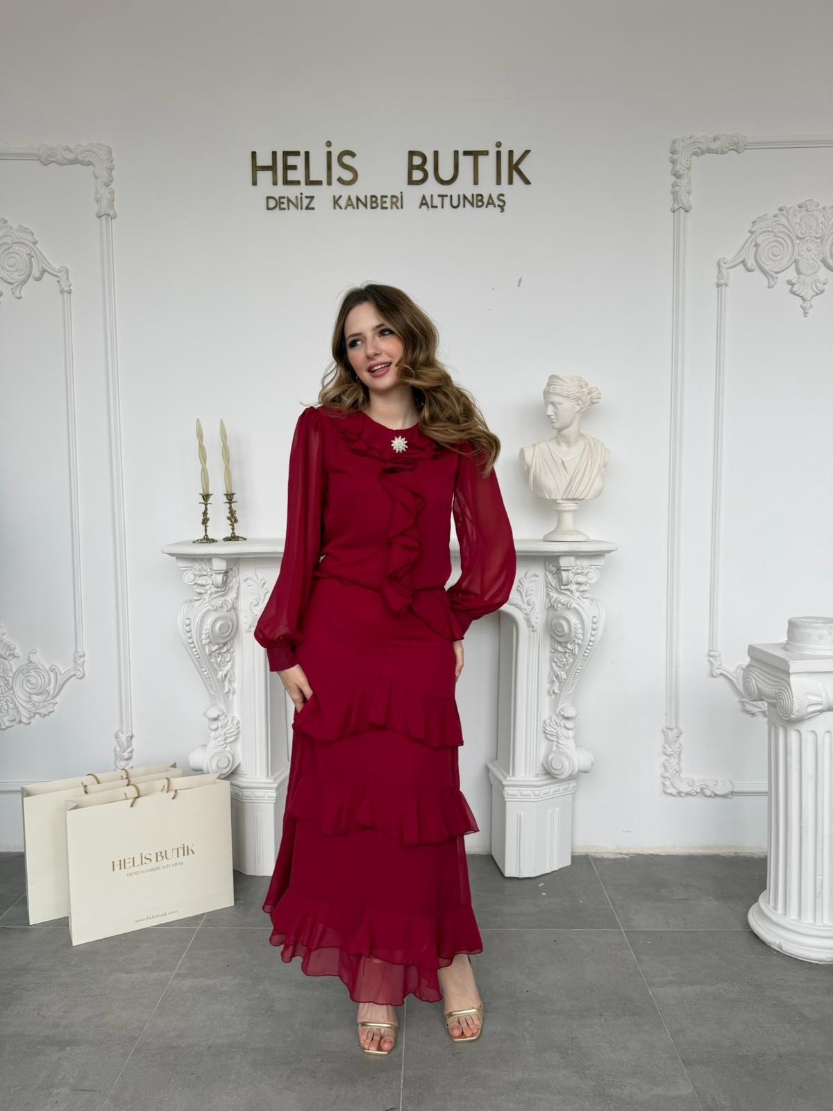 Broş ve Fırfır Detaylı Şifon Alt Üst Bordo Takım · 3