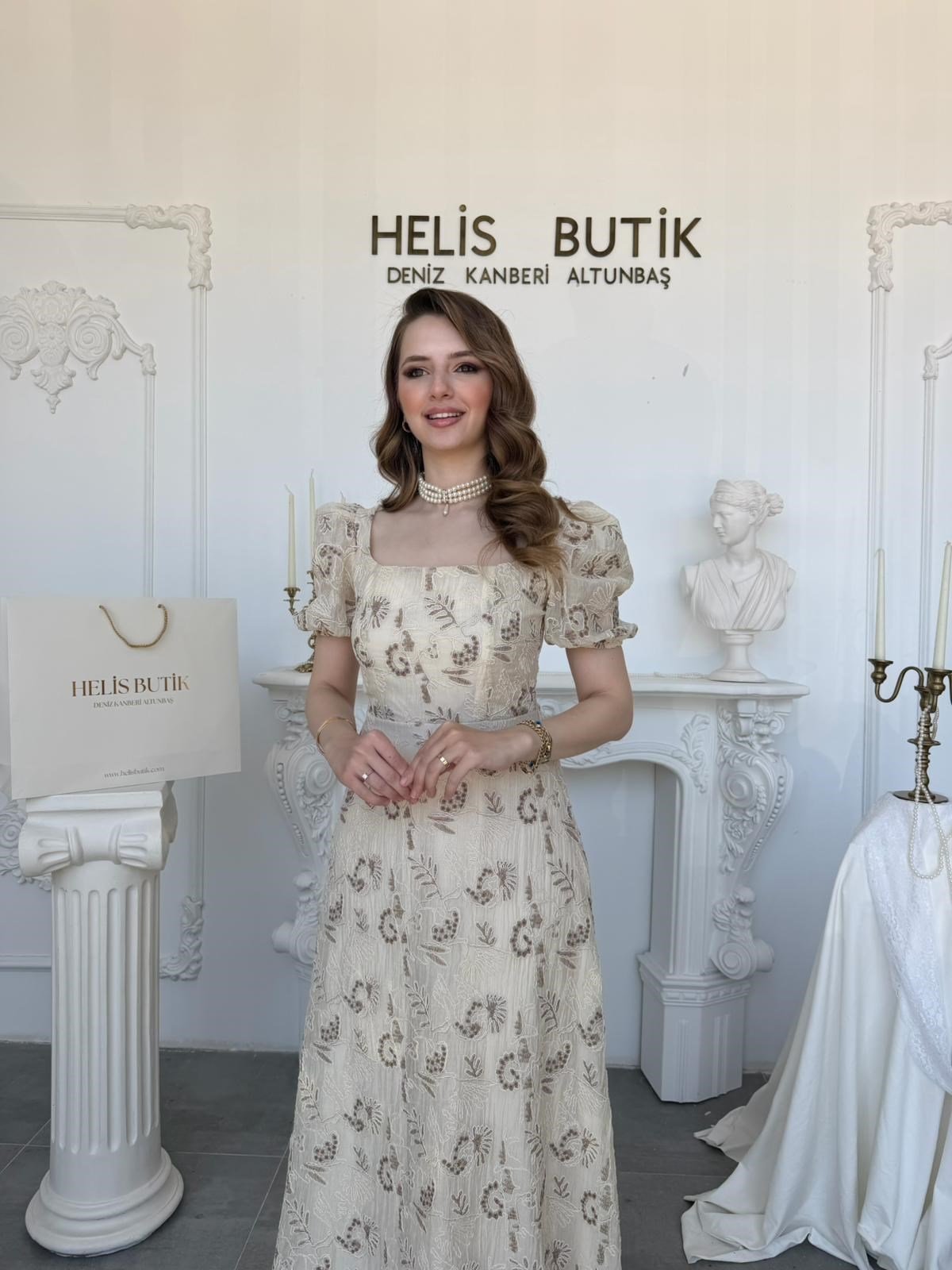 Çiçek Nakışlı Kare Yaka Balon Kol Elbise - Bej/Kahve · 4