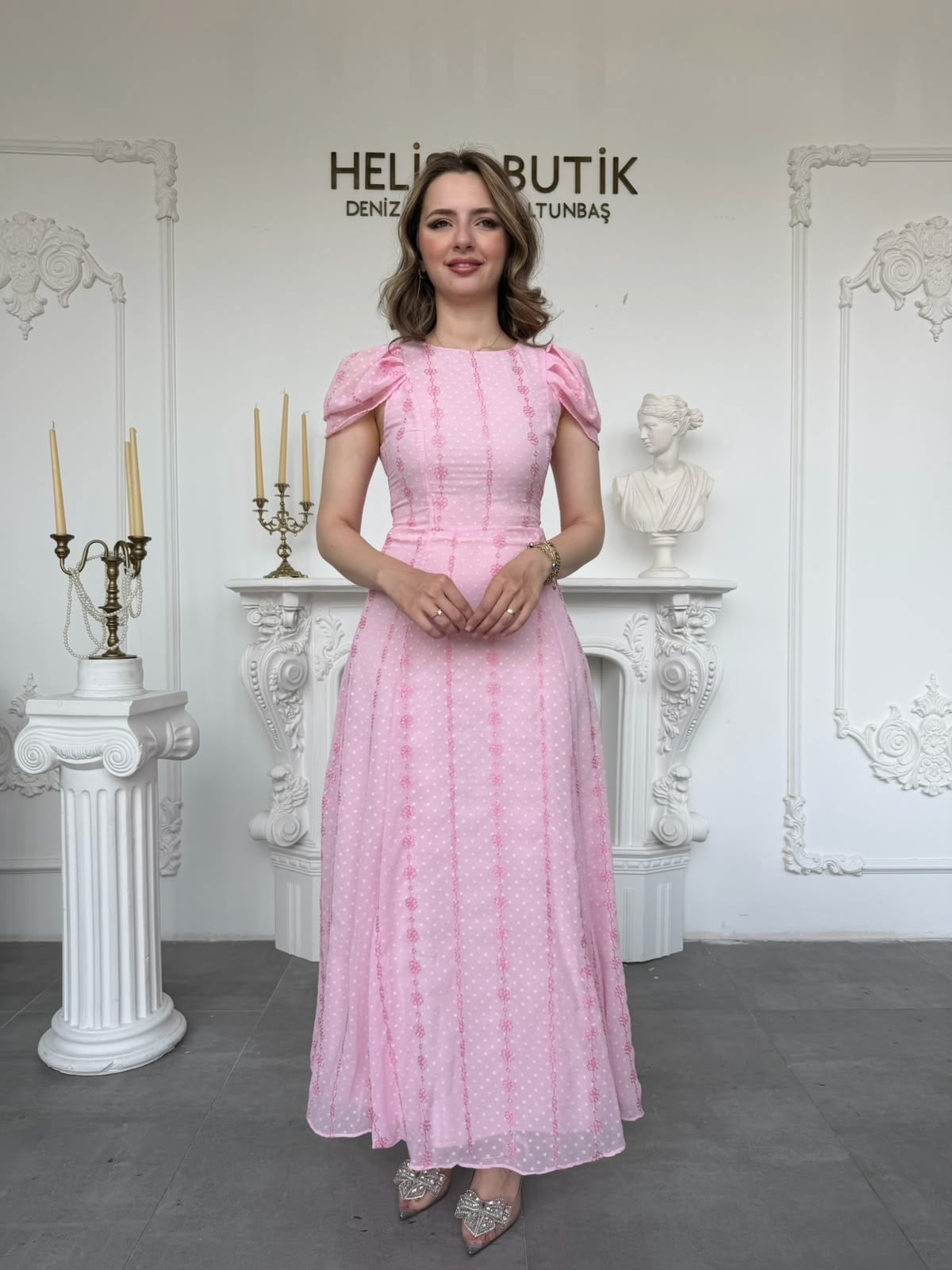 Çiçek Nakışlı Lale Kollu Maksi Boy Elbise - Pembe