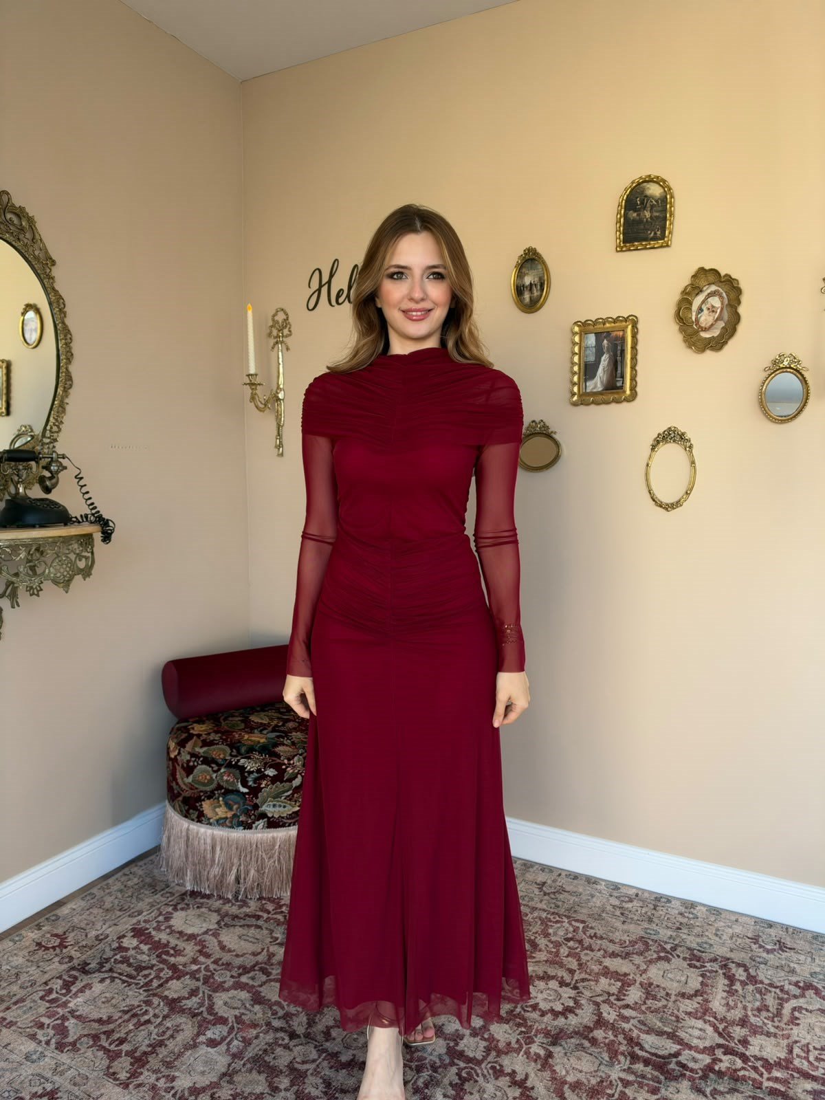 Drape Detaylı Likralı Elbise - Bordo