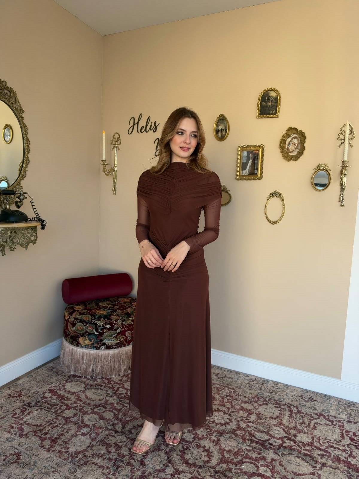Drape Detaylı Likralı Elbise - Kahve