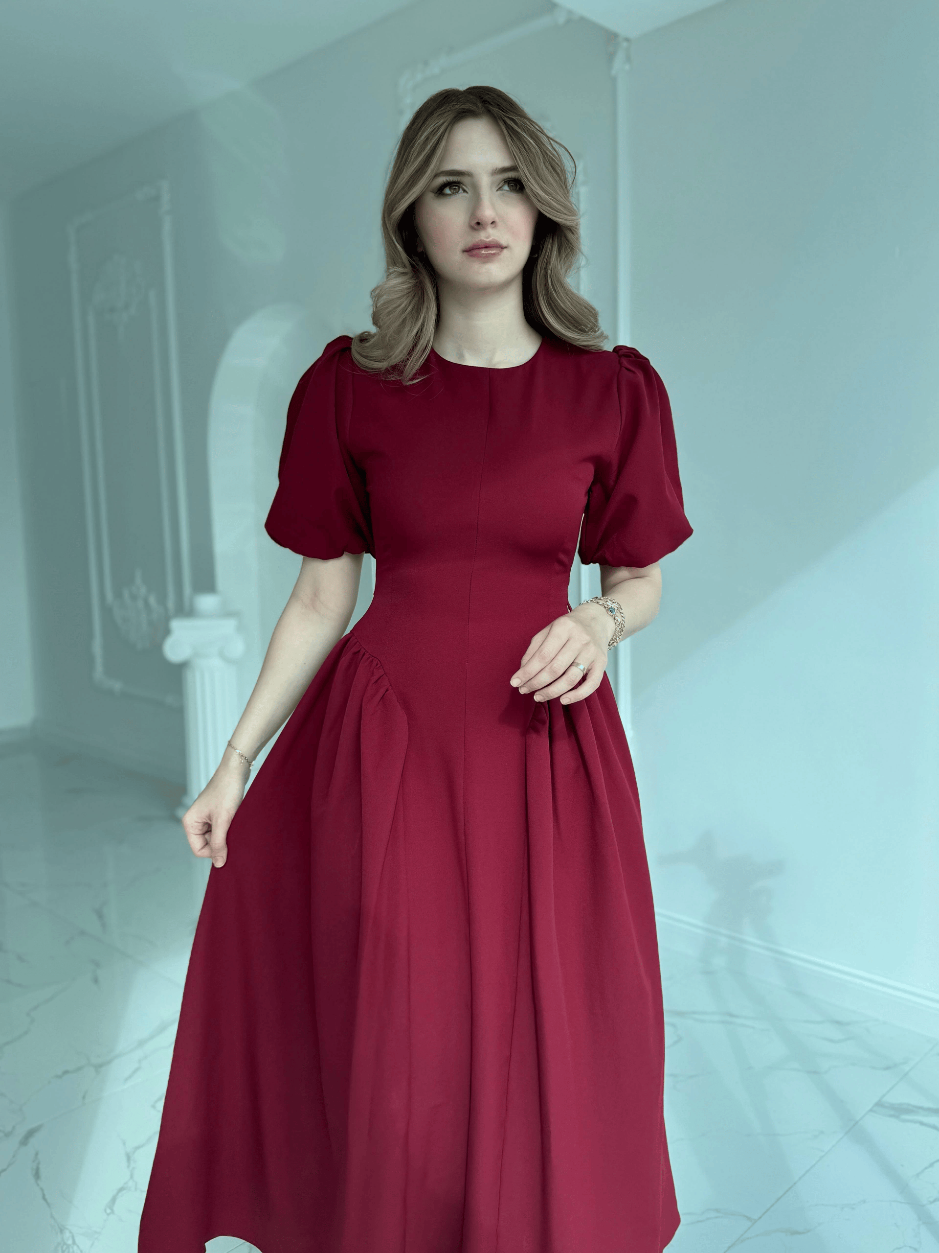 Etek Yanları Büzgülü Balon Kol Sırt Kuşaklı Bordo Elbise · 5