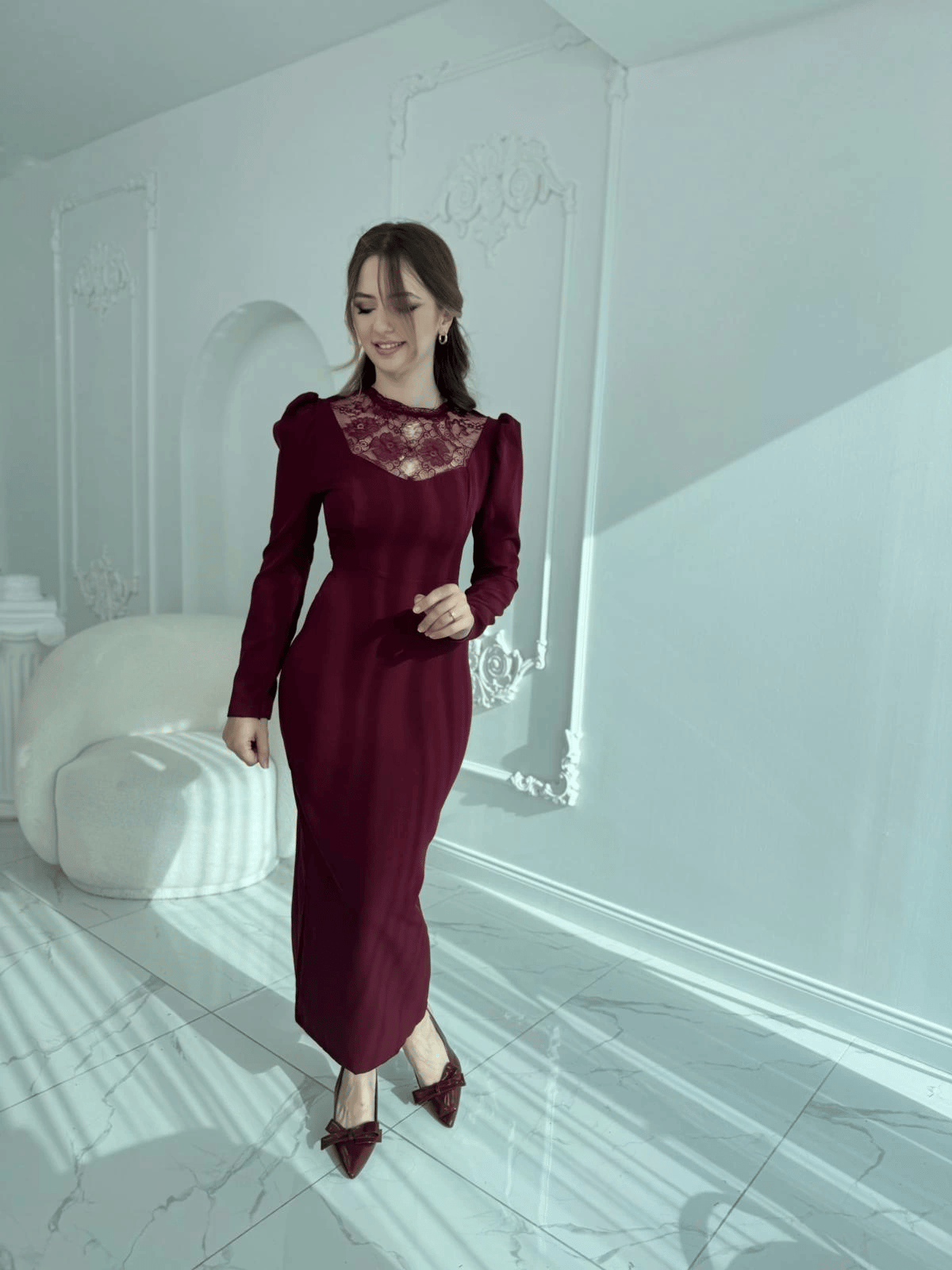 Feminen Dantel Detaylı Uzun Kollu Bordo Elbise · 4